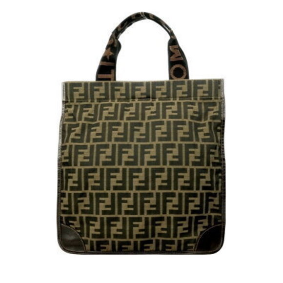 FENDI Zucca Tote Bag Handbag Brown Nylon Black Leather - Picture 1 of 9